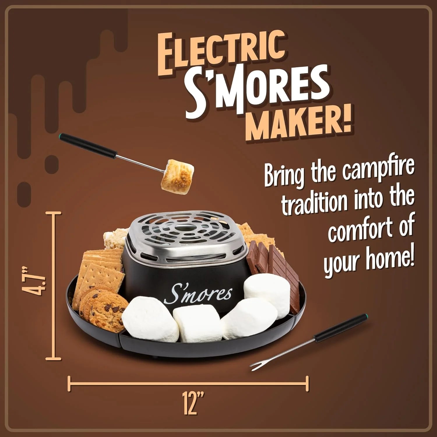 Indoor Smores Maker Smores Kit, Electric Smore Maker with 2 Marshmallows Roasting Forks, Brown